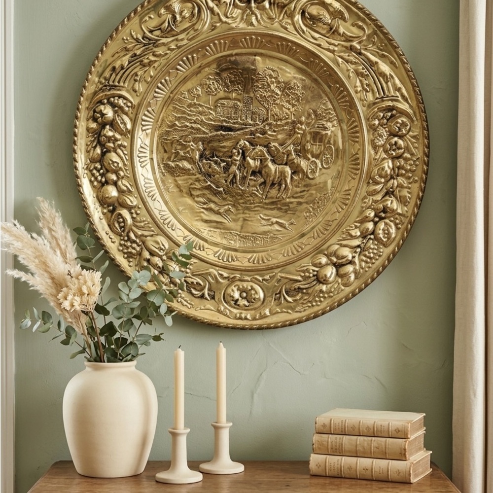 Vintage Brass Wall Hanging Charger Green Man Hunt Scene